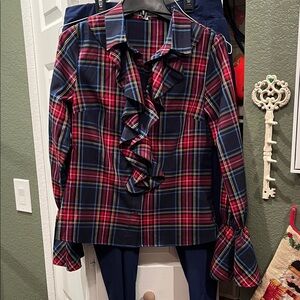 Vibrant Plaid Blouse with Ruffle Accents Trish Scully size 4